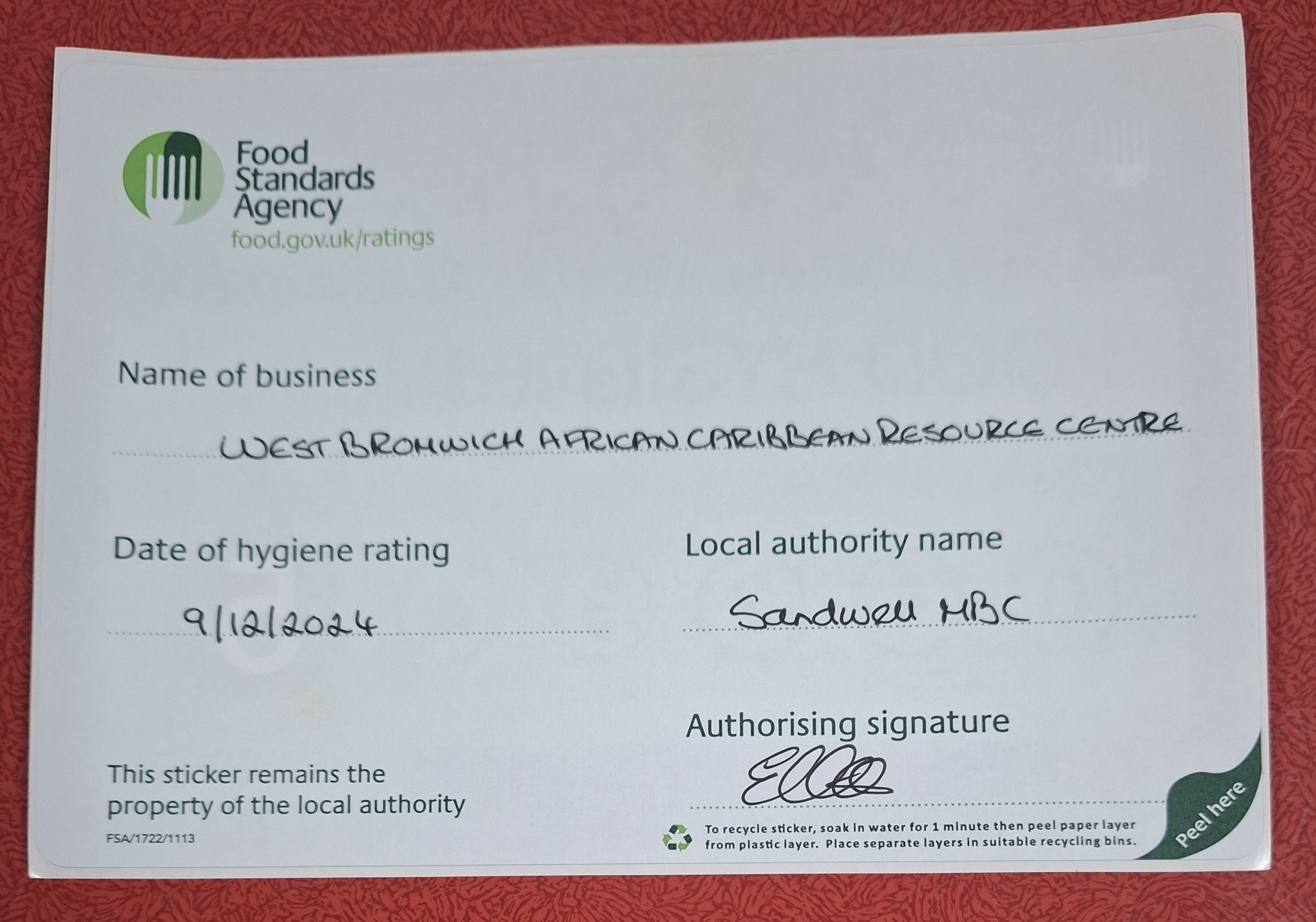 Food Standard Certificate